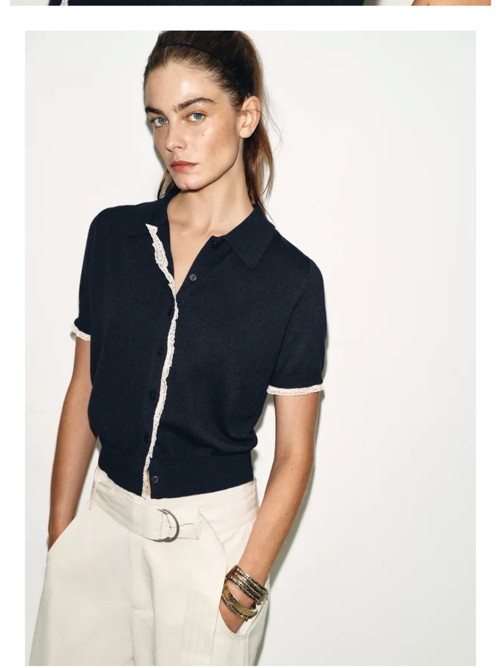 Zara Navy Short-Sleeve Button-Down with Cream Lace Trim